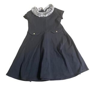 Hope & Henry black fit flare faux fur collar short sleeve dress SIZE 5
